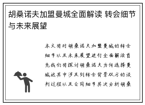 胡桑诺夫加盟曼城全面解读 转会细节与未来展望